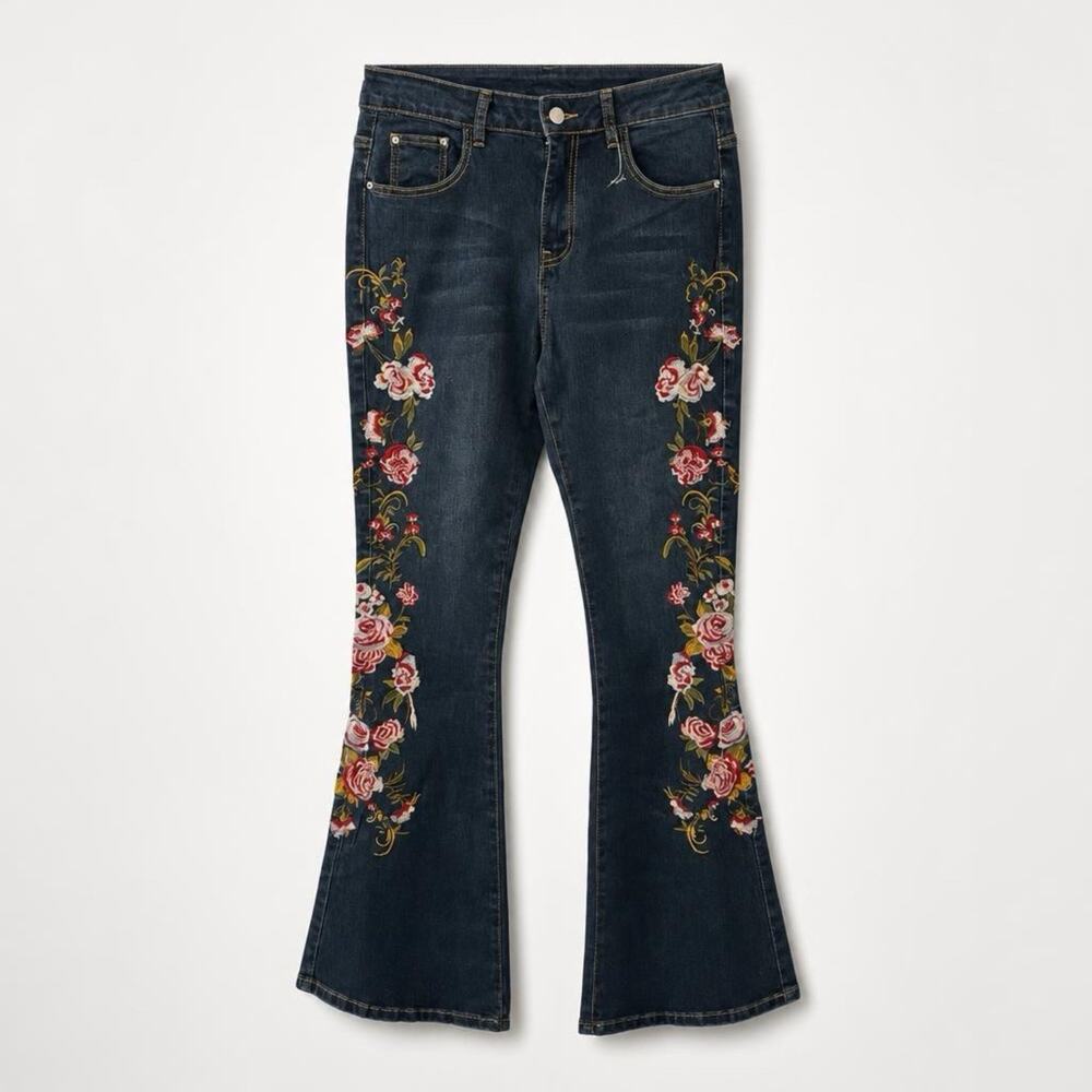 Y2K Flare Jeans Women 8/11A Dark Blue Embroidery Floral Grunge Edgy W28x Ins 31